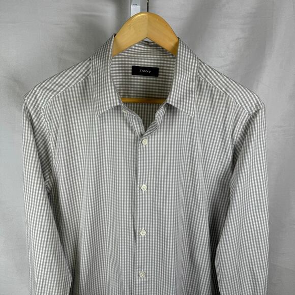 Theory Long Sleeve Button Up Grey Checked Shirt Men's Size Large - Picture 1 of 7